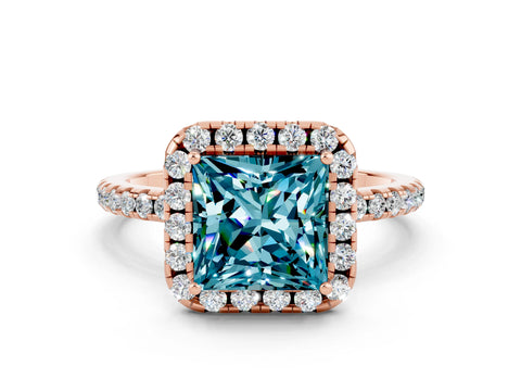 Rose gold Princess Cut Halo Round Diamond Pavé Band Four-Prong Ring
