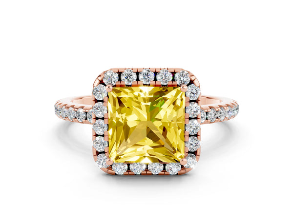 Rose gold Princess Cut Yellow Sapphire Halo Ring with Round Pavé Band and Prong Setting