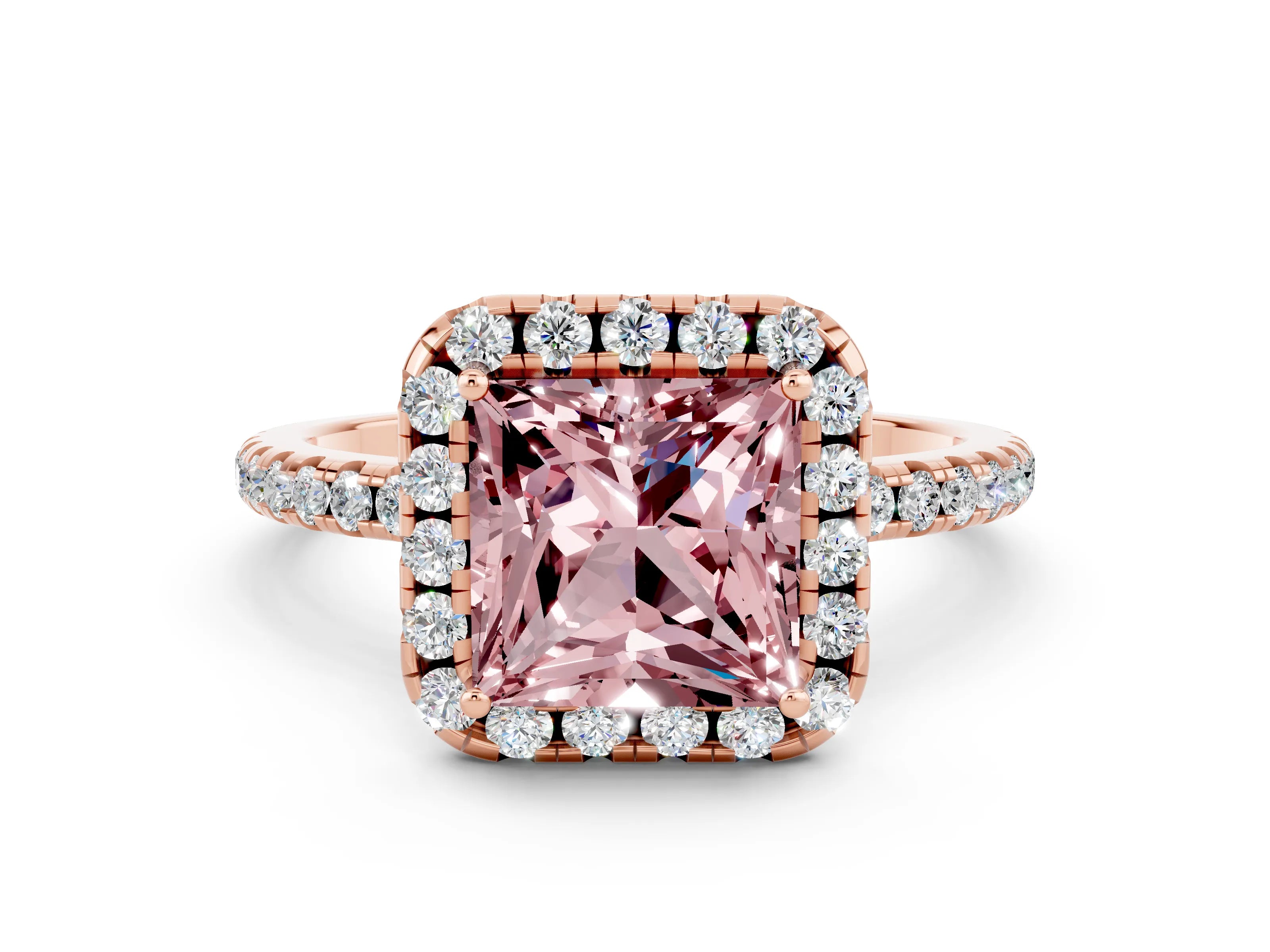 Rose gold Princess Cut Halo Round Diamond Pavé Band Four-Prong Ring