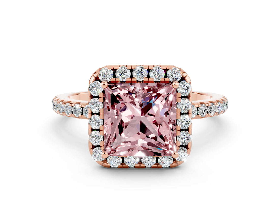 Rose gold Princess Cut Halo Round Diamond Pavé Band Four-Prong Ring