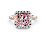 Rose gold Princess Cut Halo Round Diamond Pavé Band Four-Prong Ring