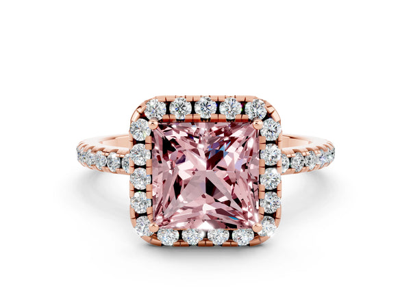Rose gold Princess Cut Halo Round Diamond Pavé Band Four-Prong Ring