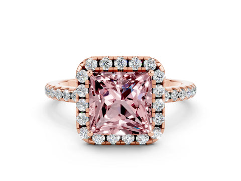 Rose gold Princess Cut Halo Round Diamond Pavé Band Four-Prong Ring