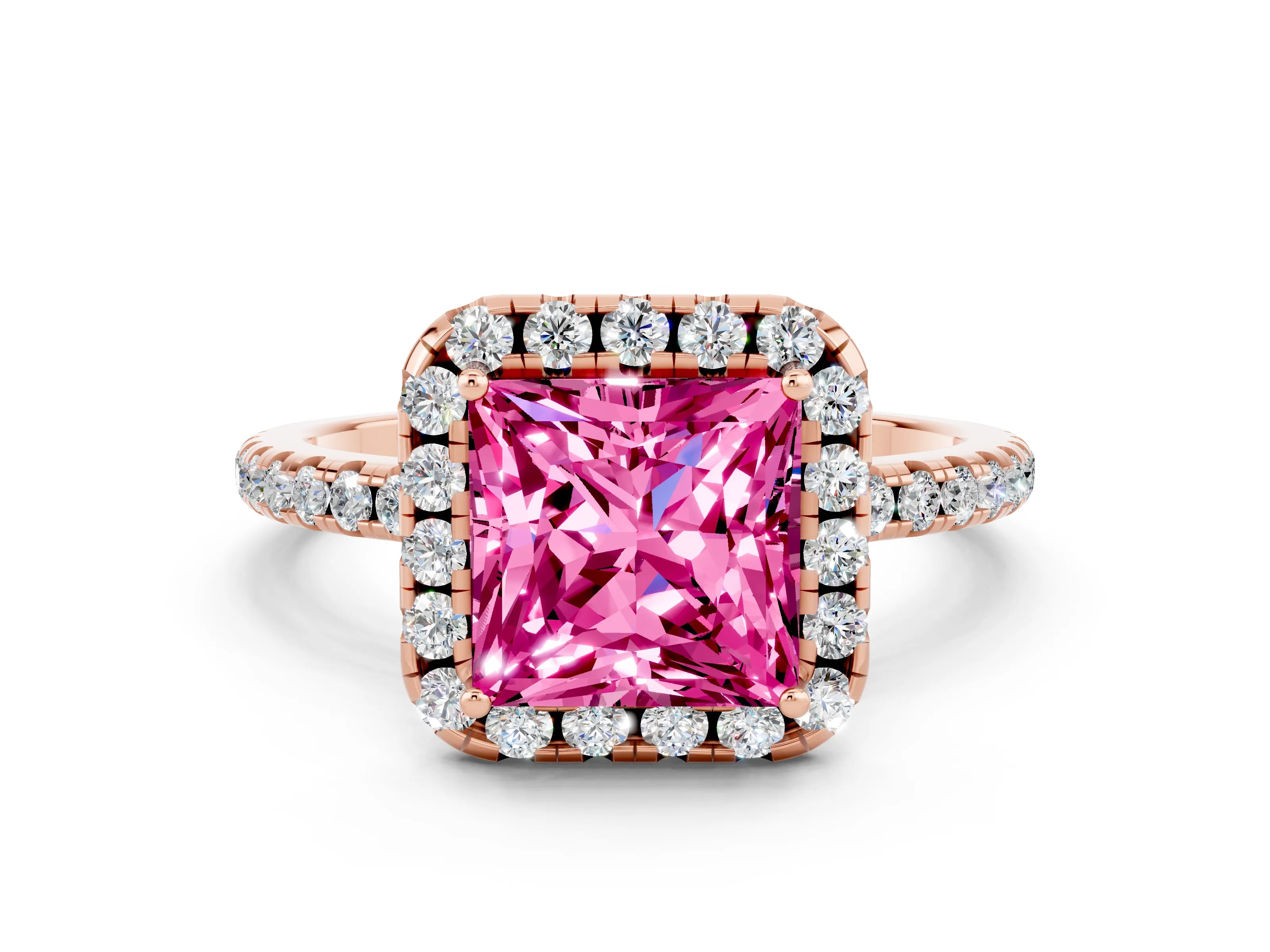 Rose gold Princess Cut Halo Round Diamond Pavé Band Four-Prong Ring