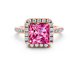 Rose gold Princess Cut Halo Round Diamond Pavé Band Four-Prong Ring