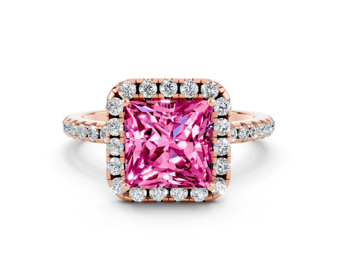 Rose gold Princess Cut Halo Round Diamond Pavé Band Four-Prong Ring