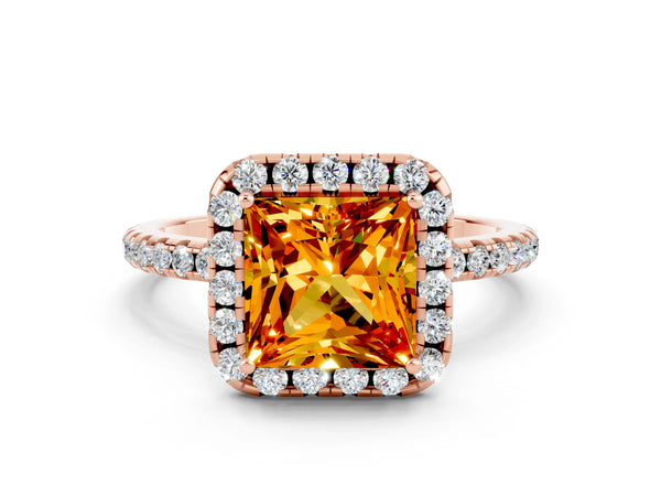 Rose gold Princess Cut Citrine Halo Ring with Round Pavé Band and Prong Setting