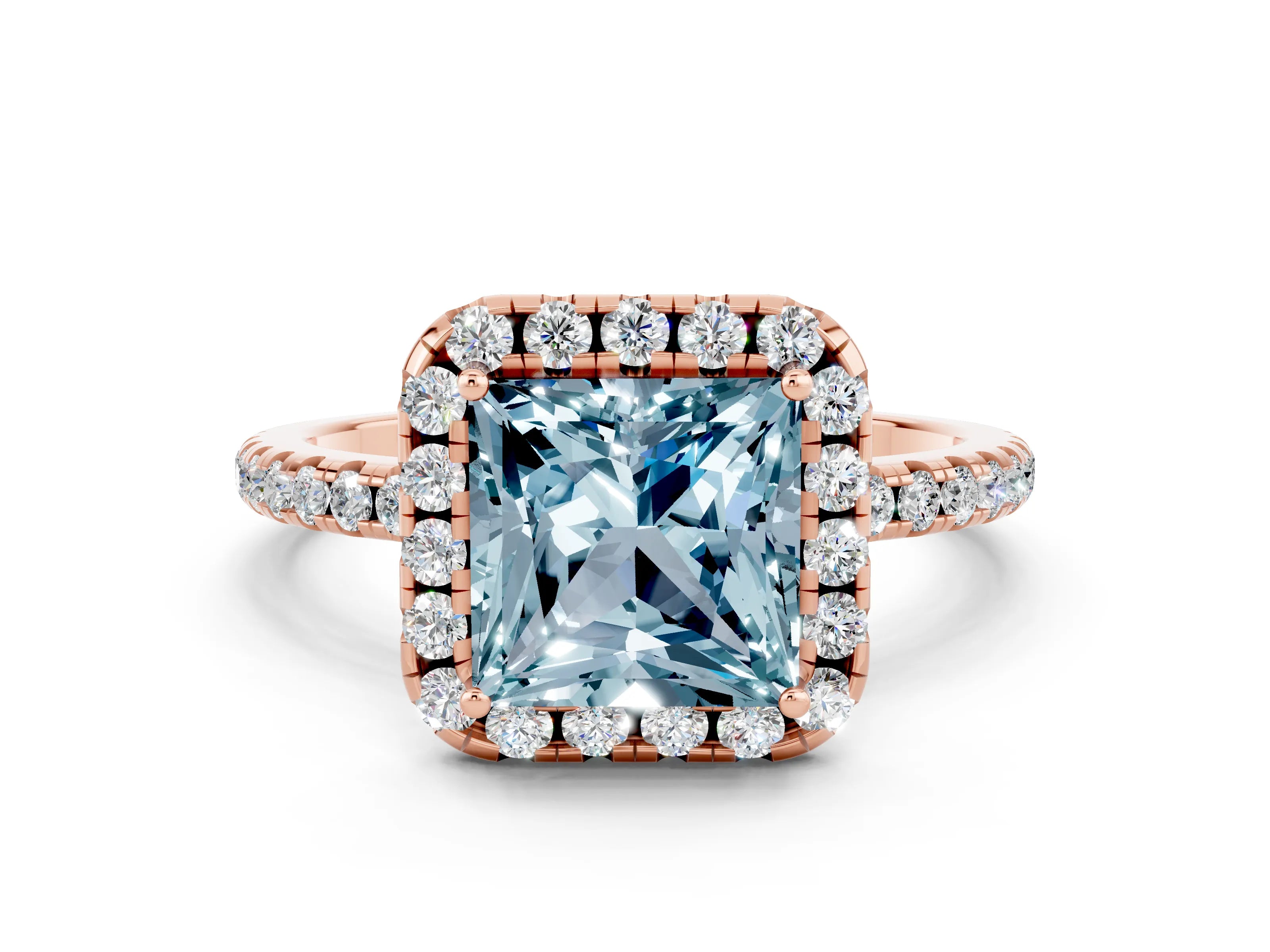 Rose gold Princess Cut Halo Round Diamond Pavé Band Four-Prong Ring