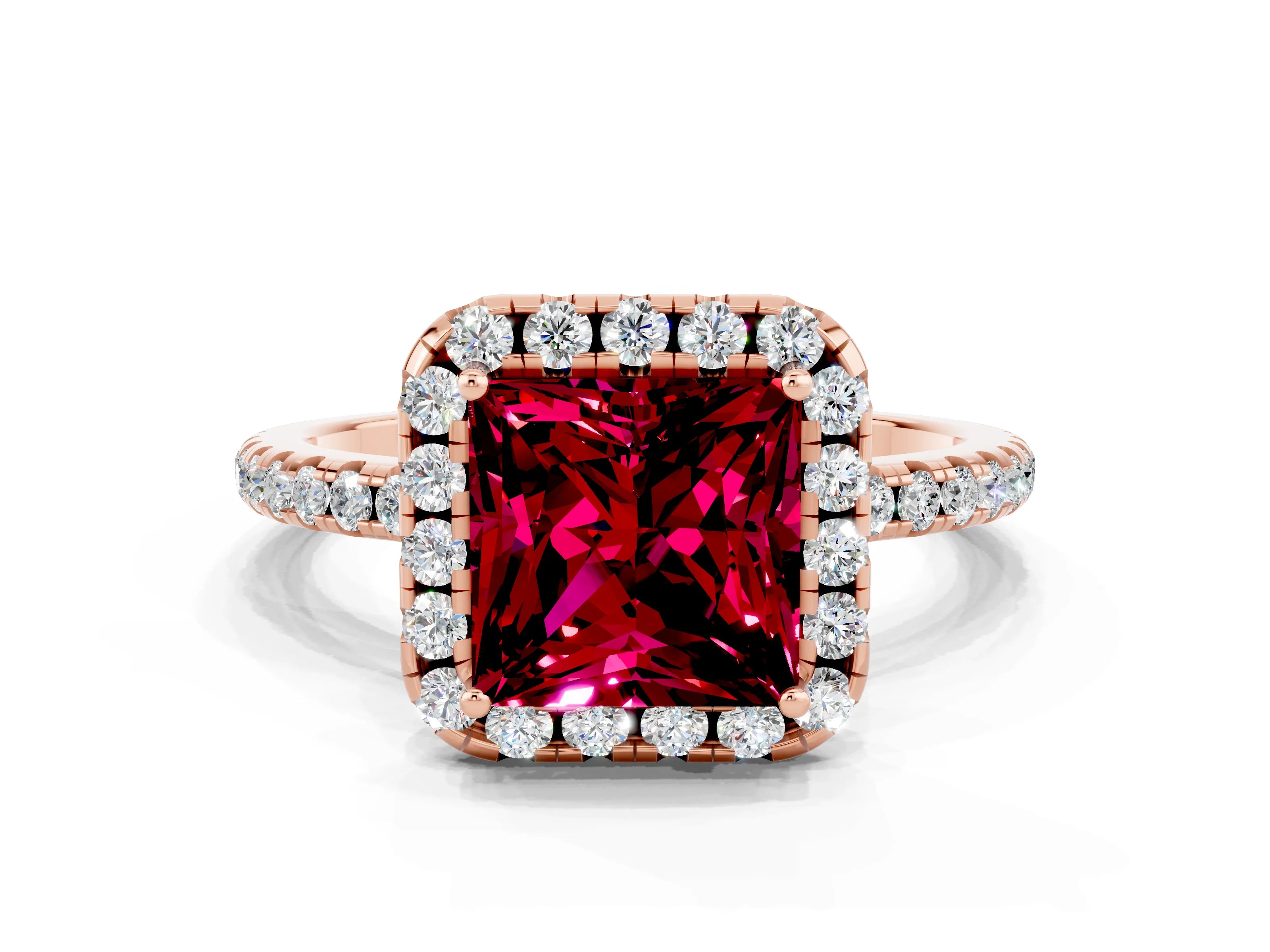 Rose gold Princess Cut Halo Round Diamond Pavé Band Four-Prong Ring