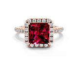 Rose gold Princess Cut Halo Round Diamond Pavé Band Four-Prong Ring