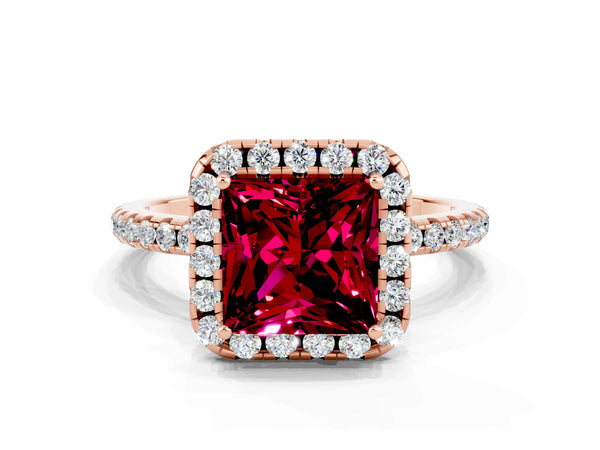 Rose gold Princess Cut Garnet Halo Ring with Round Pavé Band and Prong Setting