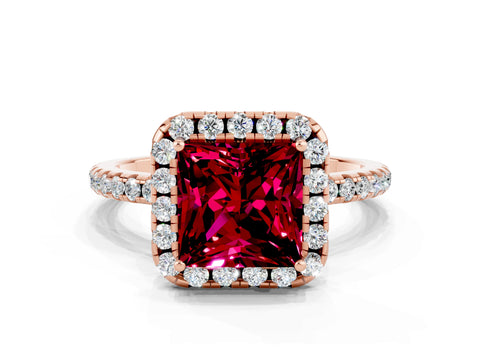 Rose gold Princess Cut Halo Round Diamond Pavé Band Four-Prong Ring