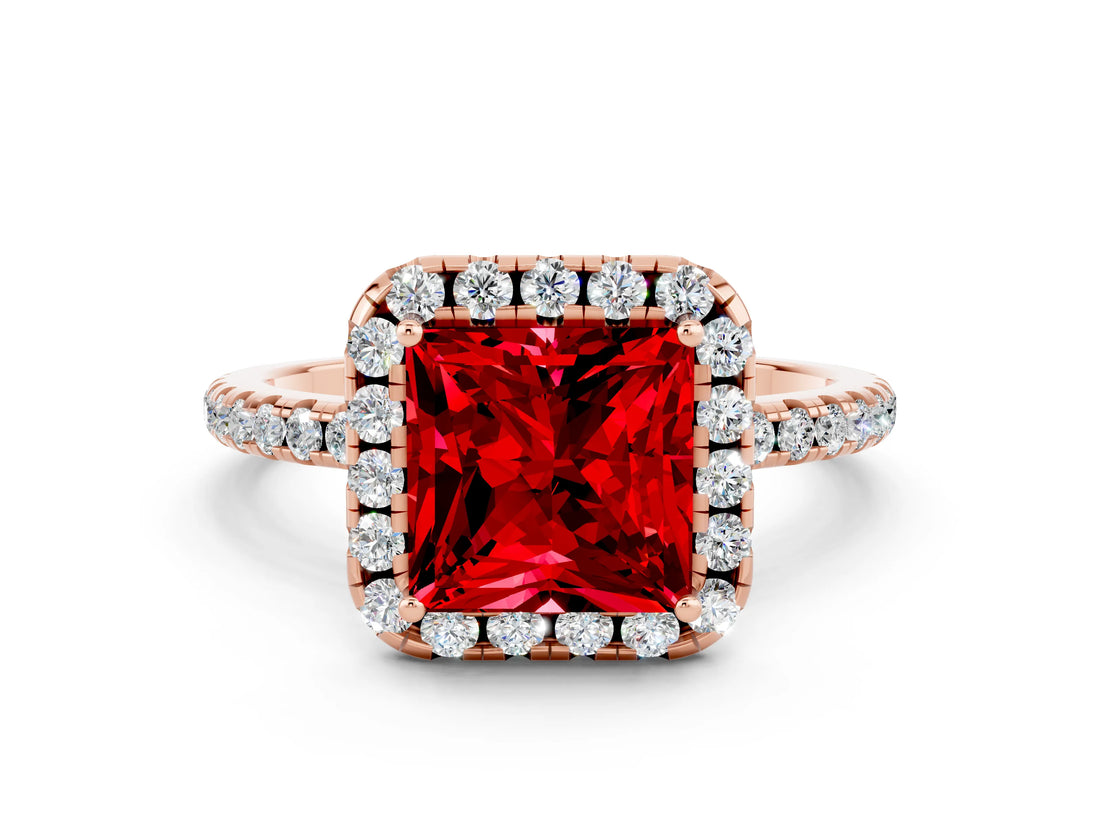 Rose gold Princess Cut Halo Round Diamond Pavé Band Four-Prong Ring