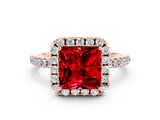 Rose gold Princess Cut Halo Round Diamond Pavé Band Four-Prong Ring