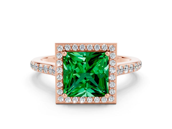 Rose gold Princess Cut Emerald Halo Engagement Ring with Round Pavé Shoulders and Prong Setting