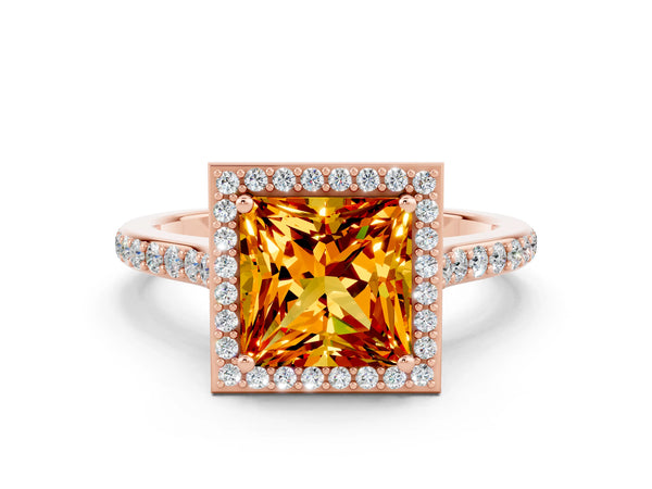 Rose gold Princess Cut Citrine Halo Engagement Ring with Round Pavé Shoulders and Prong Setting