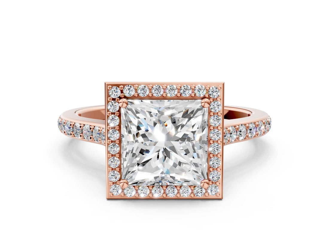Rose gold Princess Cut Halo Round Diamond Pavé Band with Four-Prong Setting_15