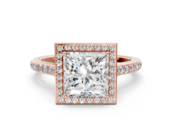 Rose gold Princess Cut Halo Round Diamond Pavé Band with Four-Prong Setting