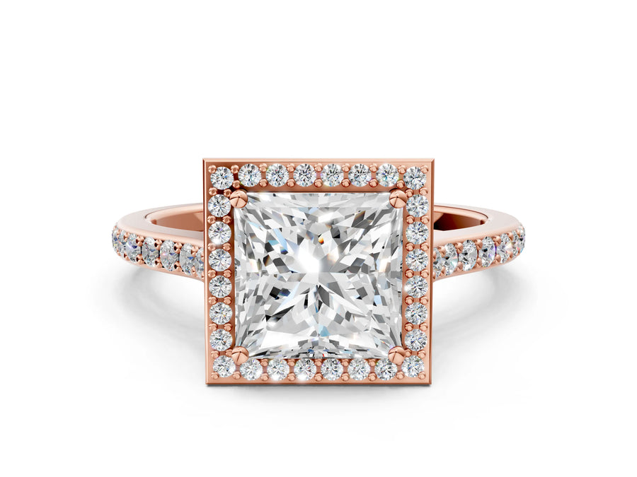 Rose gold Princess Cut Halo Round Diamond Pavé Band with Four-Prong Setting