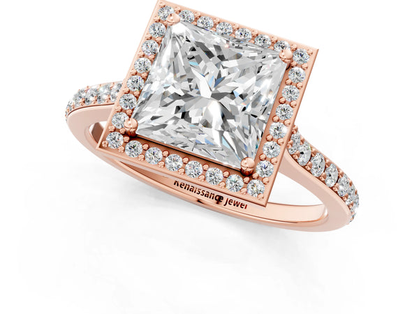 Rose gold Princess Cut Halo Round Diamond Pavé Band with Four-Prong Setting