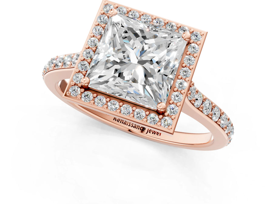Rose gold Princess Cut Halo Round Diamond Pavé Band with Four-Prong Setting