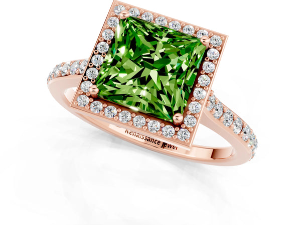 Rose gold Princess Cut Halo Round Diamond Pavé Band with Four-Prong Setting
