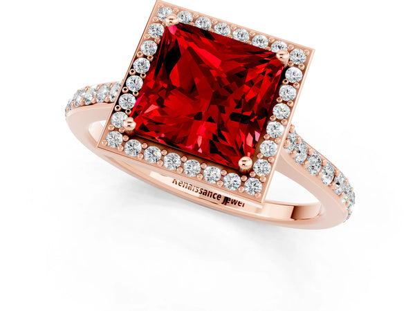 Rose gold Princess Cut Halo Round Diamond Pavé Band with Four-Prong Setting