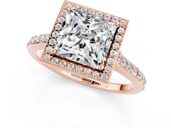 Rose gold Princess Cut Moissanite Halo Engagement Ring with Round Pavé Shoulders and Prong Setting