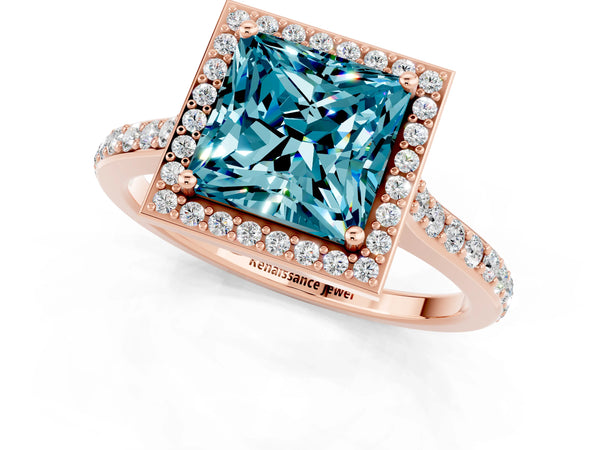 Rose gold Princess Cut Halo Round Diamond Pavé Band with Four-Prong Setting