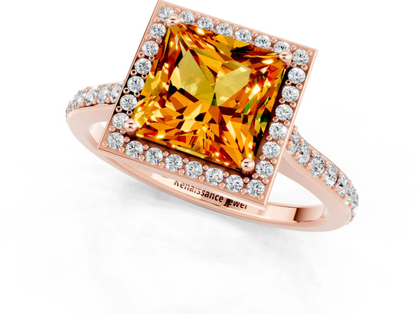 Rose gold Princess Cut Citrine Halo Engagement Ring with Round Pavé Shoulders and Prong Setting
