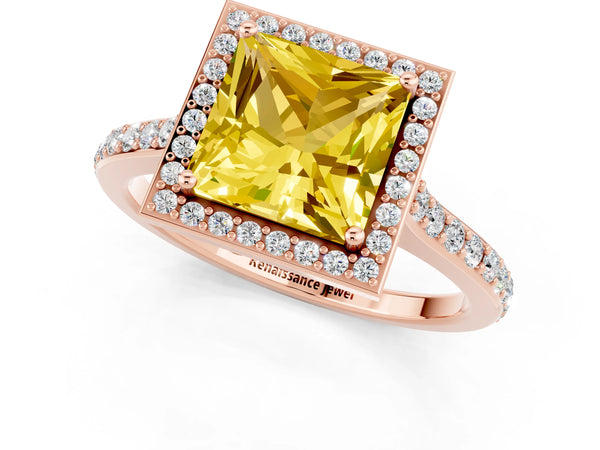 Rose gold Princess Cut Yellow Sapphire Halo Engagement Ring with Round Pavé Shoulders and Prong Setting