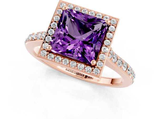 Rose gold Princess Cut Amethyst Halo Engagement Ring with Round Pavé Shoulders and Prong Setting