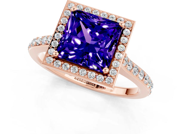 Rose gold Princess Cut Tanzanite Halo Engagement Ring with Round Pavé Shoulders and Prong Setting