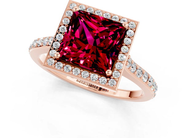 Rose gold Princess Cut Garnet Halo Engagement Ring with Round Pavé Shoulders and Prong Setting