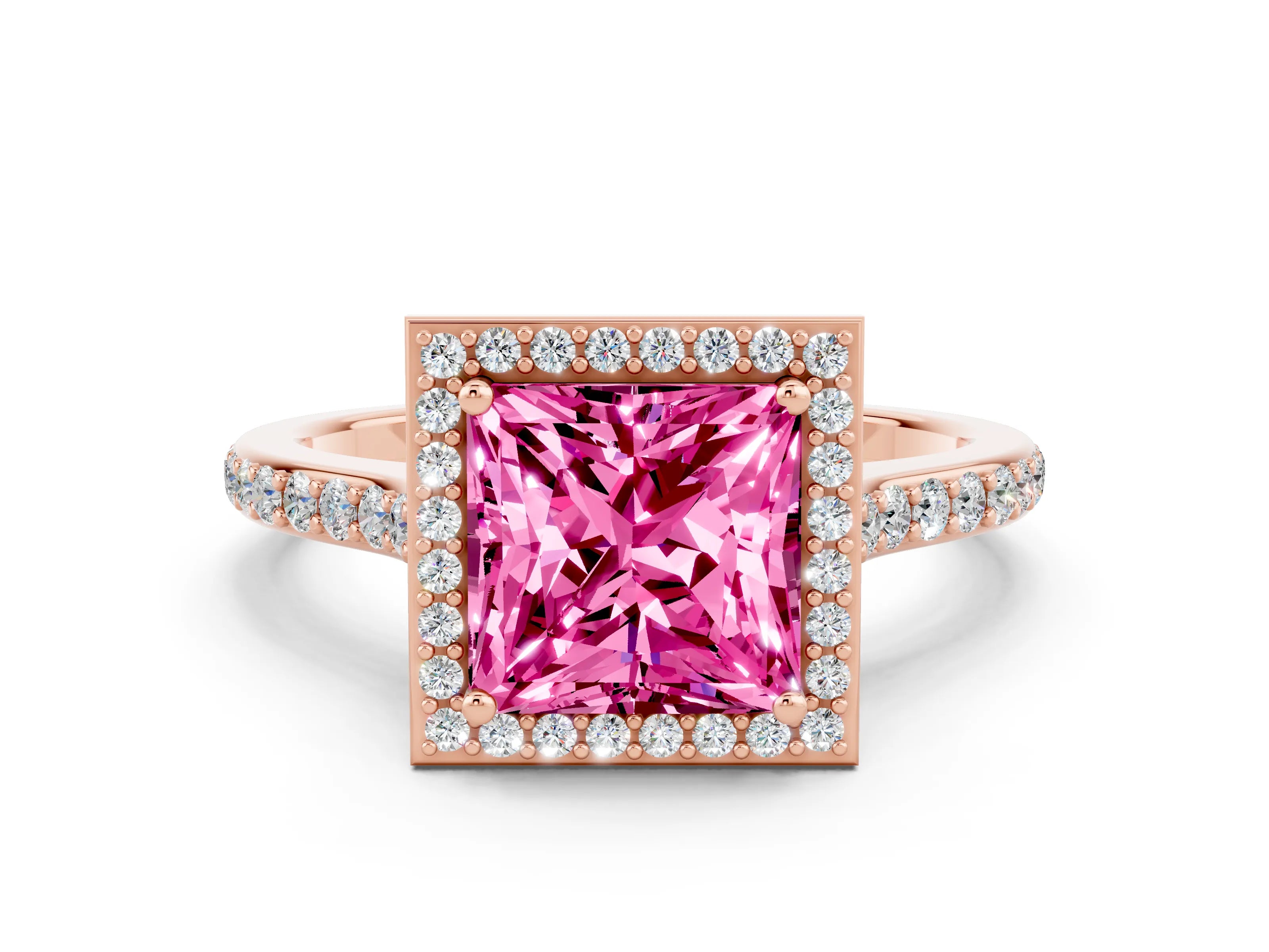 Rose gold Princess Cut Halo Round Diamond Pavé Band with Four-Prong Setting