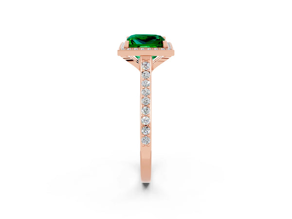 Rose gold Princess Cut Emerald Halo Engagement Ring with Round Pavé Shoulders and Prong Setting