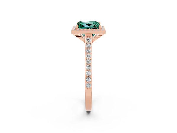 Rose gold Princess Cut Green Sapphire Halo Engagement Ring with Round Pavé Shoulders and Prong Setting