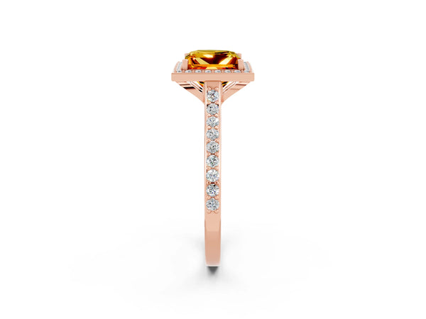 Rose gold Princess Cut Citrine Halo Engagement Ring with Round Pavé Shoulders and Prong Setting