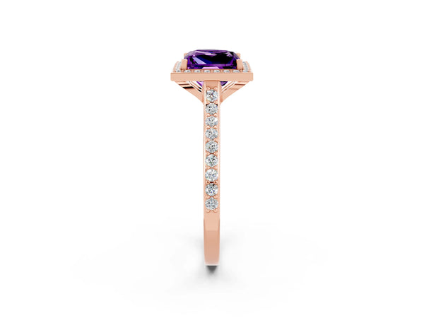 Rose gold Princess Cut Amethyst Halo Engagement Ring with Round Pavé Shoulders and Prong Setting