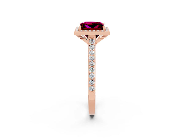 Rose gold Princess Cut Garnet Halo Engagement Ring with Round Pavé Shoulders and Prong Setting