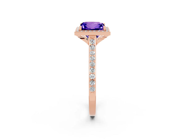 Rose gold Princess Cut Tanzanite Halo Engagement Ring with Round Pavé Shoulders and Prong Setting