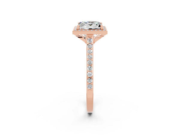 Rose gold Princess Cut Moissanite Halo Engagement Ring with Round Pavé Shoulders and Prong Setting