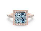 Rose gold Princess Cut Halo Round Diamond Pavé Band with Four-Prong Setting