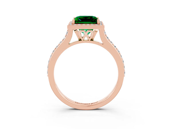 Rose gold Princess Cut Emerald Halo Engagement Ring with Round Pavé Shoulders and Prong Setting
