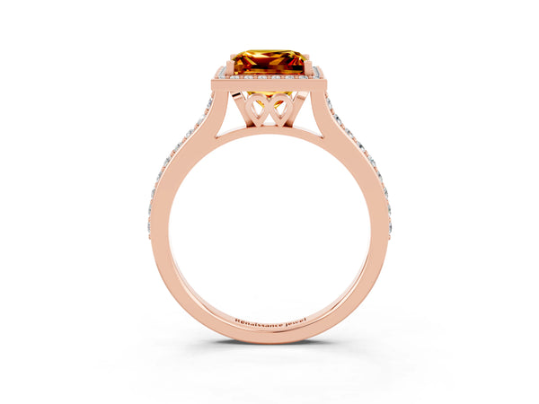 Rose gold Princess Cut Citrine Halo Engagement Ring with Round Pavé Shoulders and Prong Setting