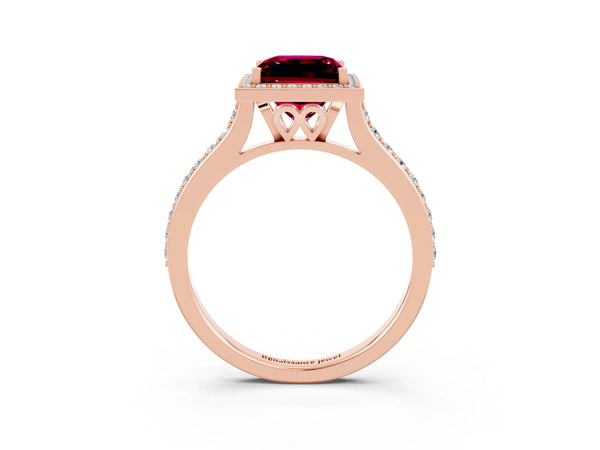 Rose gold Princess Cut Garnet Halo Engagement Ring with Round Pavé Shoulders and Prong Setting