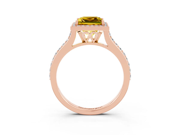 Rose gold Princess Cut Yellow Sapphire Halo Engagement Ring with Round Pavé Shoulders and Prong Setting