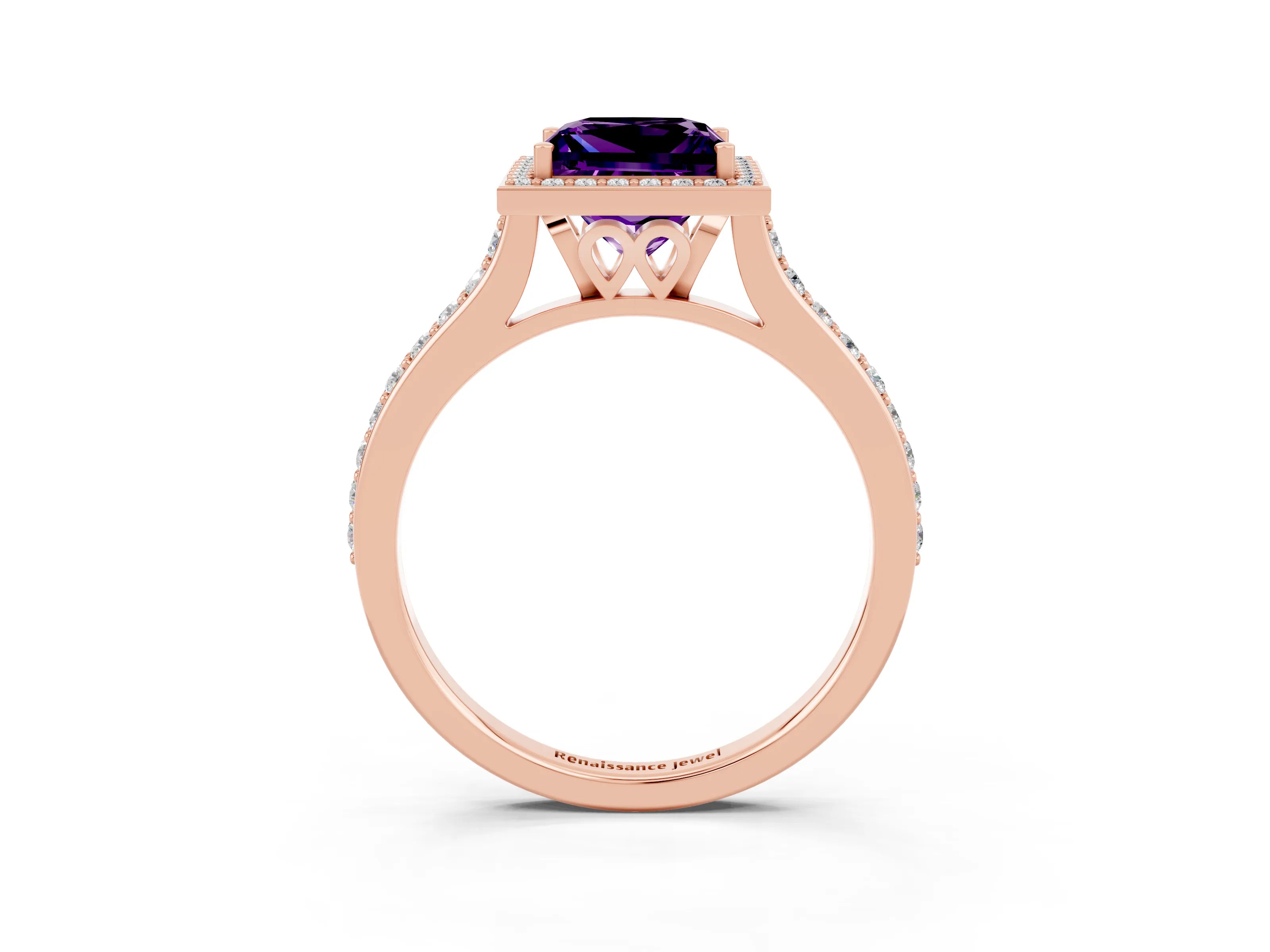 Rose gold Princess Cut Halo Round Diamond Pavé Band with Four-Prong Setting_3
