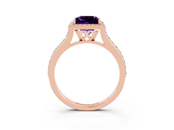 Rose gold Princess Cut Amethyst Halo Engagement Ring with Round Pavé Shoulders and Prong Setting