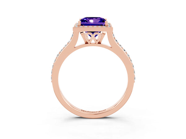 Rose gold Princess Cut Tanzanite Halo Engagement Ring with Round Pavé Shoulders and Prong Setting